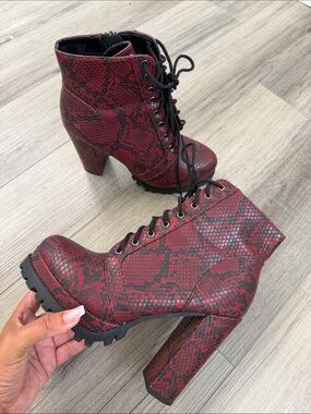 Red Snake-Print Lace-Up Platform Ankle Boots